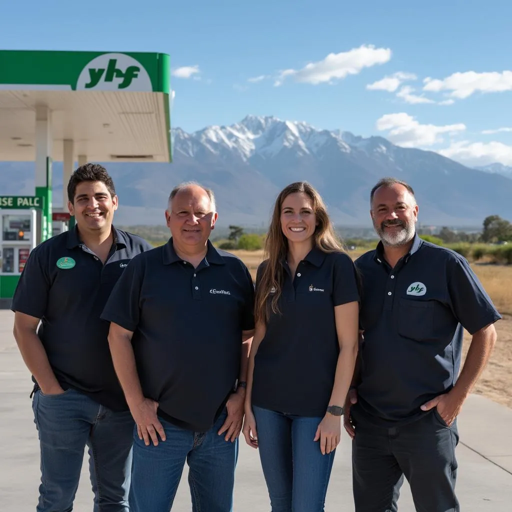Equipo YPF frente a estación de servicio